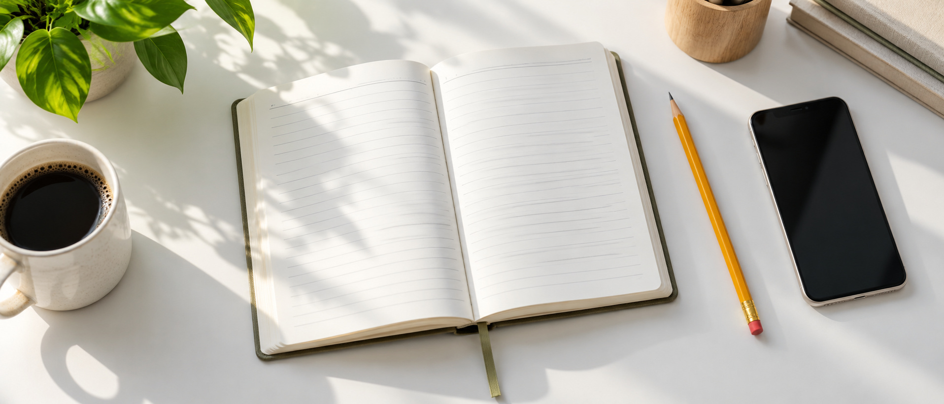 An open paper planner with a pencil and a phone