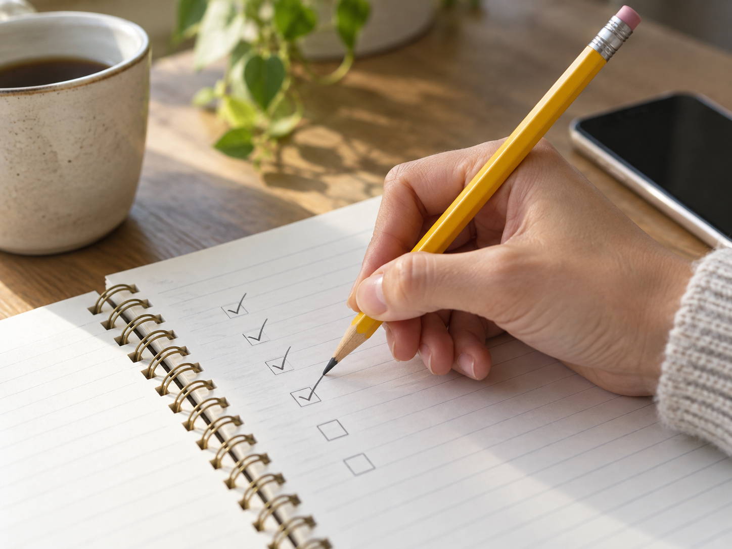 A hand holding a pencil over a notebook